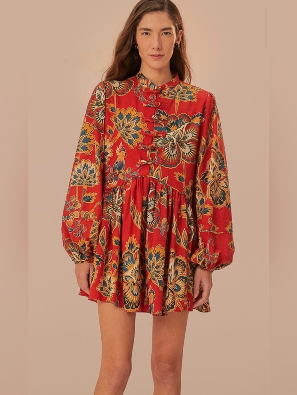 Farm Rio Mini Dress Red Floral Long Sleeve 100% Cotton size Large